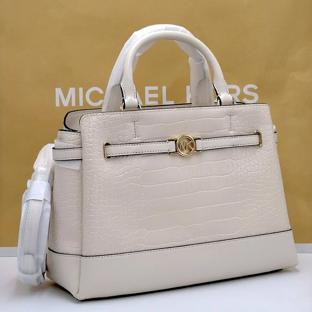 MICHAEL KORS Reed Large Leather Belted Satchel Crossbody Handbag Center Zip